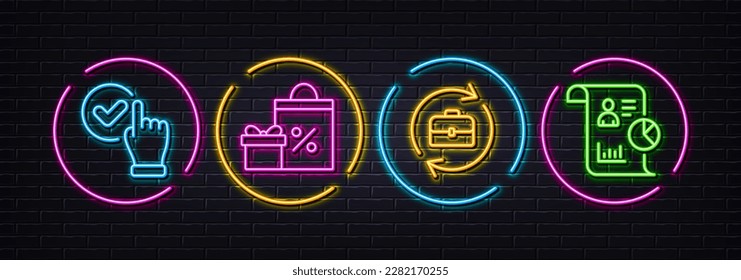 Shopping, Checkbox and Human resources minimal line icons. Neon laser 3d lights. Report icons. For web, application, printing. Gifts and sales, Confirmed, Job recruitment. Work statistics. Vector