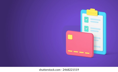 Shopping checklist complete list buying goods purchase card payment 3d icon realistic vector illustration. Buyer reminder clipboard cashless financial paying note checking purchasing done checkmark