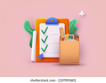 Shopping Checklist On A Clipboard Paper. Paper Bag With Foods. Delivery Service. Online Ordering Of Food, Grocery Delivery, E-commerce. 3D Vector Illustrations.