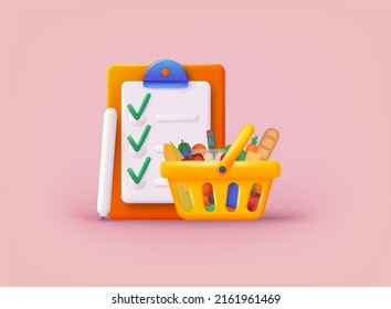 Shopping checklist on a clipboard paper. Shopping carts with foods. Food basket. 3D Web Vector Illustrations.