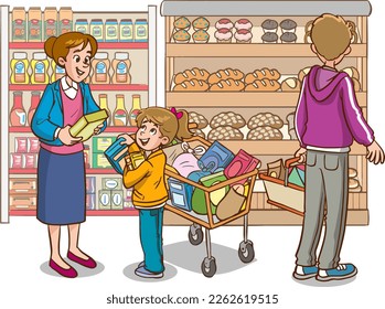 Shopping with child. Mother father and child in supermarket. Woman with shopping cart, boy asking for cereal box. Cartoon family in food market, cute customers vector