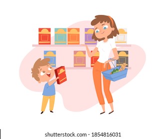 Shopping With Child. Mother Son In Grocery Store. Woman With Shop Basket, Boy Want Cornflakes Box. Cartoon Family In Food Market, Cute Customers Vector Illustration