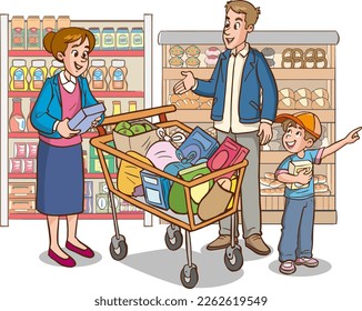 Shopping with child. Mother son in grocery store. Woman with shop basket, boy want cornflakes box. Cartoon family in food market, cute customers vector