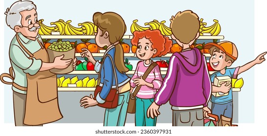 Ilustración de caricatura de una familia comprando en un supermercado o tienda de comestibles