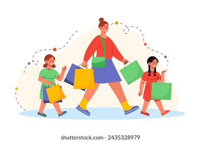 Shopping with children concept. Woman with colorful bags walk with boy and girl. Clients and customers. Retail and marketing. Mother with son and daughter. Cartoon flat vector illustration