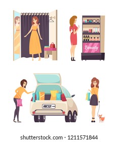 Shopping choosing dress clothes and cosmetics isolated vector. Lady in changing room, female puts bags with bought items in car. Girl walking with dog