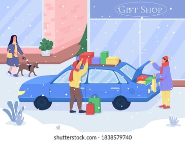 Shopping for Christmas gifts flat color vector illustration. People buying for New year presents. Seasonal sale purchases. Shoppers 2D cartoon characters with winter city on background