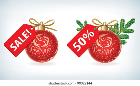 Shopping Christmas and New Year's label, easy to edit, with red ball and tree decoration