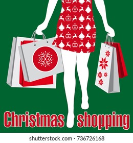 Shopping Christmas with a text in English.
On a green background, an illustration of a woman with a dress in red and white pattern, carries packages in each hand.