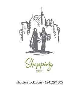 Shopping, city, muslim, arab, hijab concept. Hand drawn muslim women on shopping concept sketch. Isolated vector illustration.