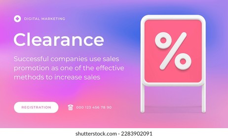 Shopping clearance sale discount street board percentage announce social media banner 3d icon vector illustration. Commerce business strategy marketing purchase black friday cheap goods campaign