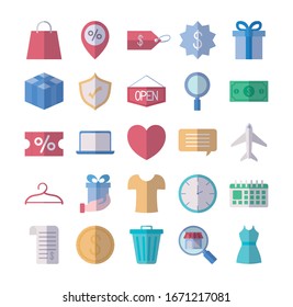 shopping and clock icon set over white background, flat style, vector illustration