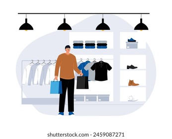 Compras de ropa de acuerdo a sus deseos en el supermercado, Ilustración vectorial.