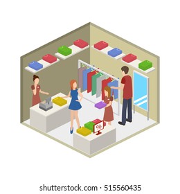 Shopping in clothes store. Shopping Center isometric vector illustration