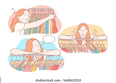 Shopping, clothing, collection, sale set concept. Woman hugs her collection of clothing. Girl thinks about new fashionable dresses. Consumer saw clothes on sale while shopping and shows like.