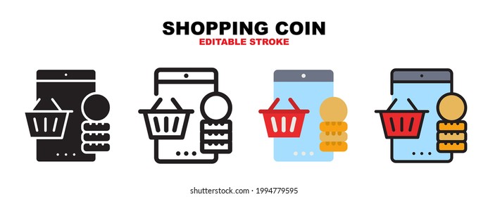 Juego de iconos de la moneda de compra con estilos diferentes. Iconos diseñados en color relleno, contorno, plano, glifo y línea. Actrazo editable y píxel perfecto. Se puede usar para web, móvil, ui y más.