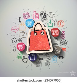 Shopping collage with icons background. Vector illustration