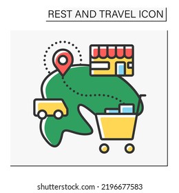 Shopping color icon. Tourism to acquisition of goods. Leisure time. Rest and travel concept. Isolated vector illustration
