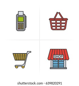 Shopping color icons set. Card terminal, shopping basket, cart, store symbol. Logo concepts. Vector isolated illustration