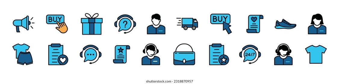 Shopping color icons set. Online shopping, e-commerce, promotion, gift, click buy, delivery, clothes, bag accesories, assistance, support icon collection for apps and websites. Vector illustration