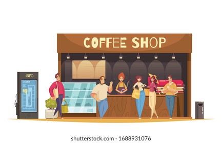 Composición plana y coloreada de las compras con cafetería y los clientes recorren la ilustración vectorial