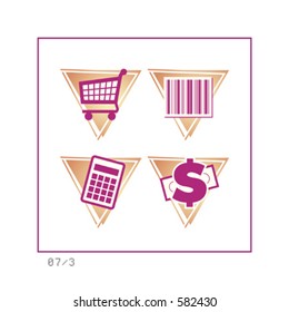 SHOPPING: Colored Icon Set 07 - Version 3. Four colored icons in a triangle shaped buttons. Icons are grouped and named. Please check the complete set and other versions.