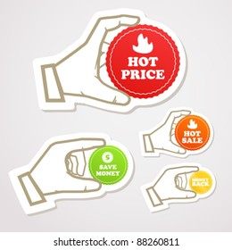 Shopping colorful discount labels in a hand vector illustration