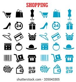 Shopping and commerce flat icons with black and blue shopping carts, basket, bags, bank credit card, wallets, money, delivery, barcode, store, qr code, gift box, 24 hours sign, calculator, shoes, hat