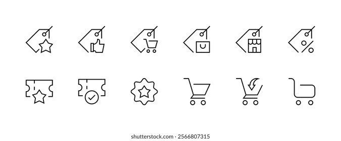 Shopping and commerce icon collection. Purchase icon set. Store, shopping basket, best over, sale, coupon, price tag, marketplace and more. Editable stroke. Pixel Perfect. Grid base 32px.