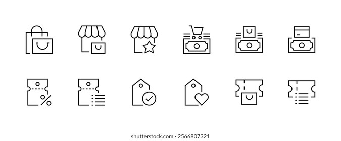 Shopping and commerce icon collection. Purchase icon set. Store, shopping bag, gift, sale, label, price tag, marketplace and more. Editable stroke. Pixel Perfect. Grid base 32px.