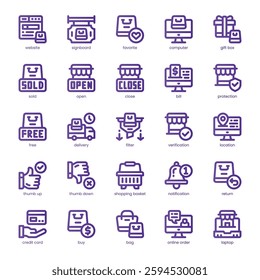 Shopping and Commerce Icon pack for your website, mobile, presentation, and logo design. Shopping and Commerce Icon line basic color design. Vector graphics illustration and editable stroke.