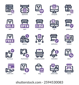 Shopping and Commerce Icon pack for your website, mobile, presentation, and logo design. Shopping and Commerce Icon dual tone design. Vector graphics illustration and editable stroke.