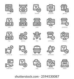 Shopping and Commerce Icon pack for your website, mobile, presentation, and logo design. Shopping and Commerce Icon outline design. Vector graphics illustration and editable stroke.