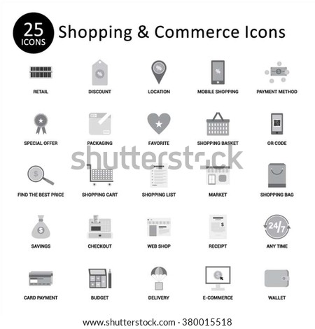 Shopping and Commerce Icon Set. Abstract vector set of Gray flat shopping and commerce icons