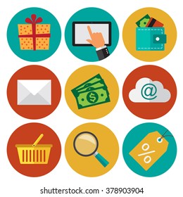 Shopping commerce icons set. Flat design illustrations.