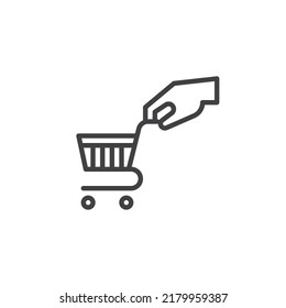 Shopping and commerce line icon. linear style sign for mobile concept and web design. Hand and shopping cart outline vector icon. Symbol, logo illustration. Vector graphics