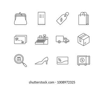 Shopping and commerce line icons set with purse, receipt, price tag, bag, credit card, cash register, delivery car, box, safe.