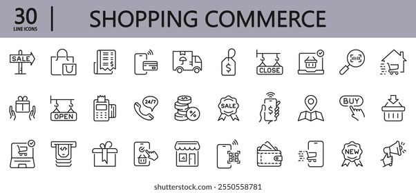 Shopping Commerce line icons set with Shop, Commerce, Basket, Discount, Sale, Coupon, Delivery, Cash, Money, Payment and more. Editable Stroke