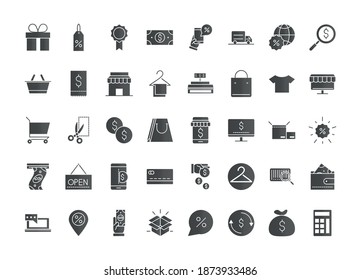shopping commerce market money business silhouette icons collection vector illustration
