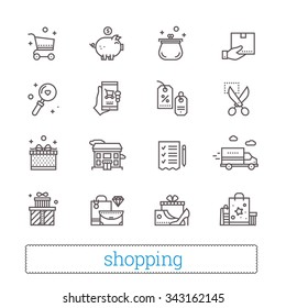 Shopping, commerce, retail thin line icons. Shop  symbols: coupons, wish list, delivery track, cash back, goods and gifts. Modern vector design elements. Isolated on white.