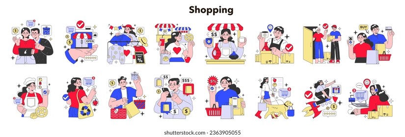 Shopping and commerce set. Character purchasing or selling goods offline and online. Developing a new start-up or local business. Marketplace and fairmarket customer. Flat vector illustration