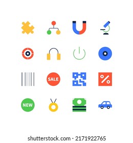 Shopping and commerce - set of flat design style icons, isolated on white background. Images of sales and discounts, QR code, money, appliances and devices, barcode, car, puzzle and target aim