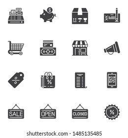 Shopping and commerce vector icons set, modern solid symbol collection, filled style pictogram pack. Signs, logo illustration. Set includes icons as cash machine register, piggy box, shopping cart