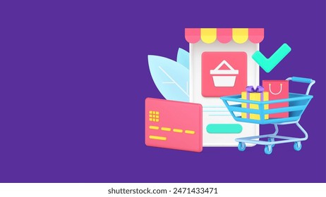 Shopping complete with trolley full of bag and gift near credit card for contactless payment e commerce transaction 3d icon vector illustration. Consumerism, buying and shopaholism concept isolated