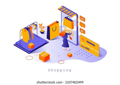 Shopping concept in 3d isometric design. Customer making purchases at mobile app, choosing products and buying online with credit card, web template with people scene. Vector illustration for webpage