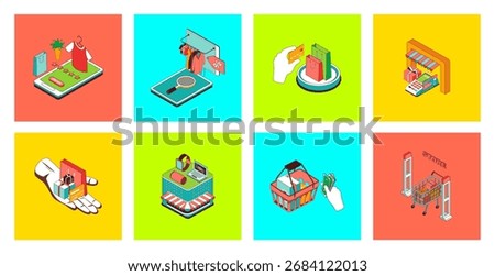 Shopping concept of 3d isometric icons set. Pack with choosing and buying new clothes in online stores, customers making purchases at shops, paying credit card in supermarket. Vector illustration.