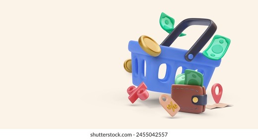 Shopping concept in 3d realistic style with basket, wallet, dollars, discount, coins, map. Vector illustration