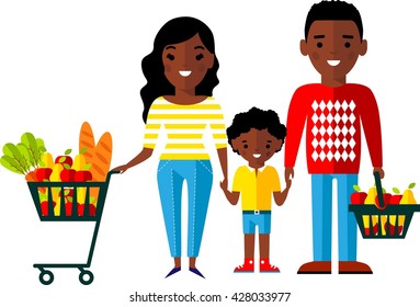 Shopping concept with  african american family buyer.
Vector illustration african american buyer man, woman, children, family in the shop.
