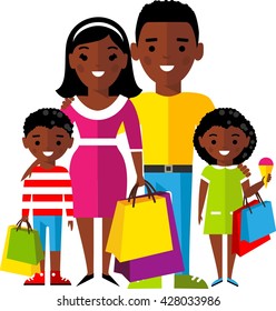 Shopping concept with  african american family buyer.
Vector illustration african american buyer man, woman, children, family in the shop.
