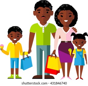 Shopping concept with  african american family buyer.
Vector illustration african american buyer man, woman, children, family in the shop.
